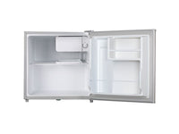 Midea 43L bar fridge with door open showing shelves and freezer box