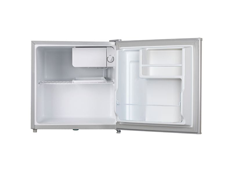 Midea 43L bar fridge with door open showing shelves and freezer box