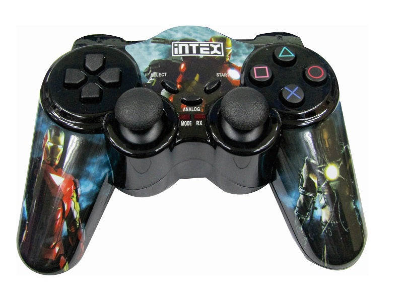 Intex ITGPW06 wireless PS2 controller, front view with Iron Man themed graphics