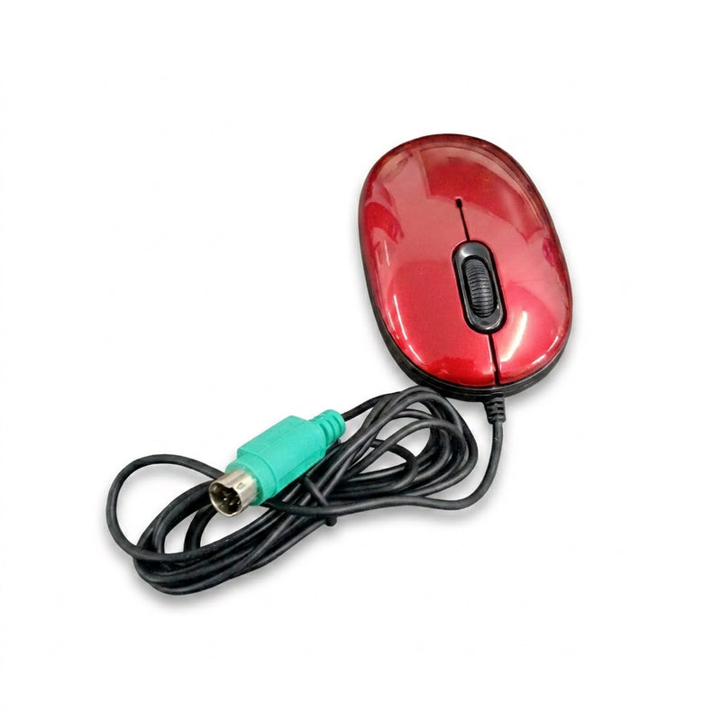 Intex ITOP60 red PS/2 optical mouse with coiled cable and green PS/2 plug on white