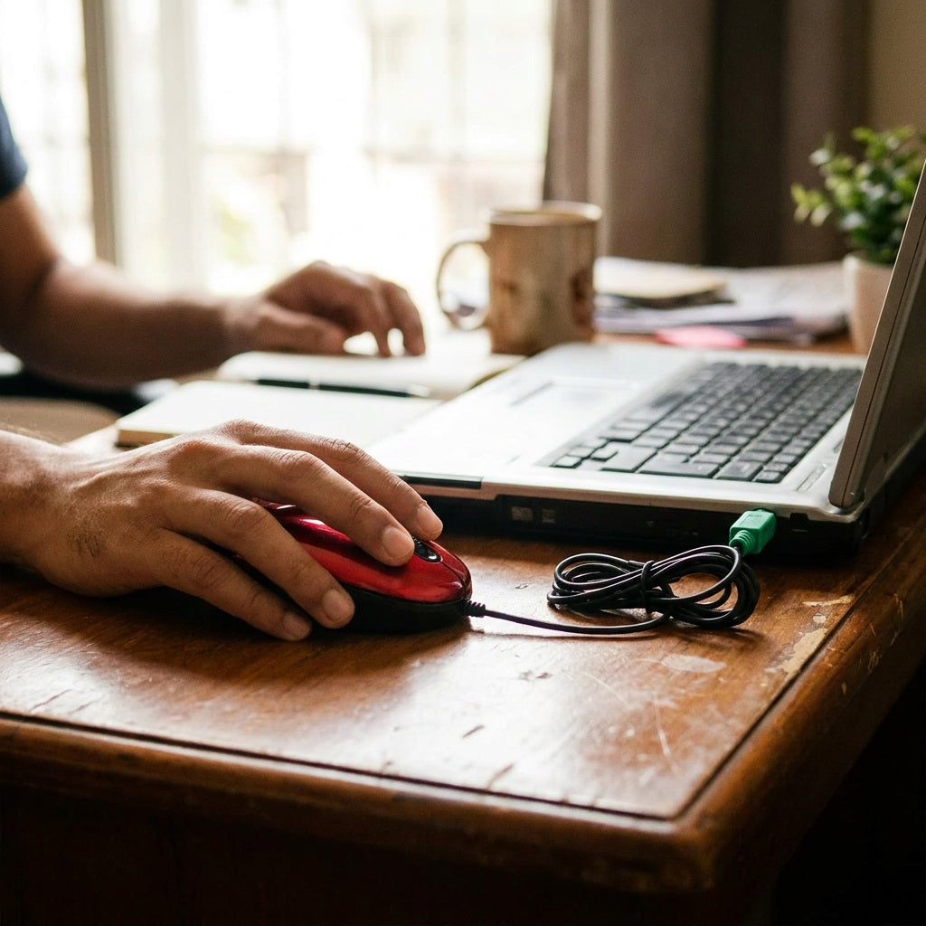 Red Intex ITOP60 PS/2 mouse in use, cable plugged into a laptop PS/2 port