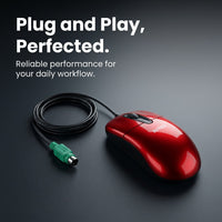 Intex ITOP60 red PS/2 mouse angled on dark background showing green PS/2 connector