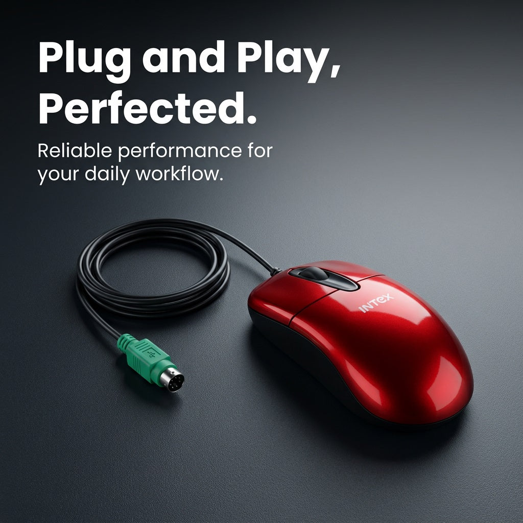 Intex ITOP60 red PS/2 mouse angled on dark background showing green PS/2 connector