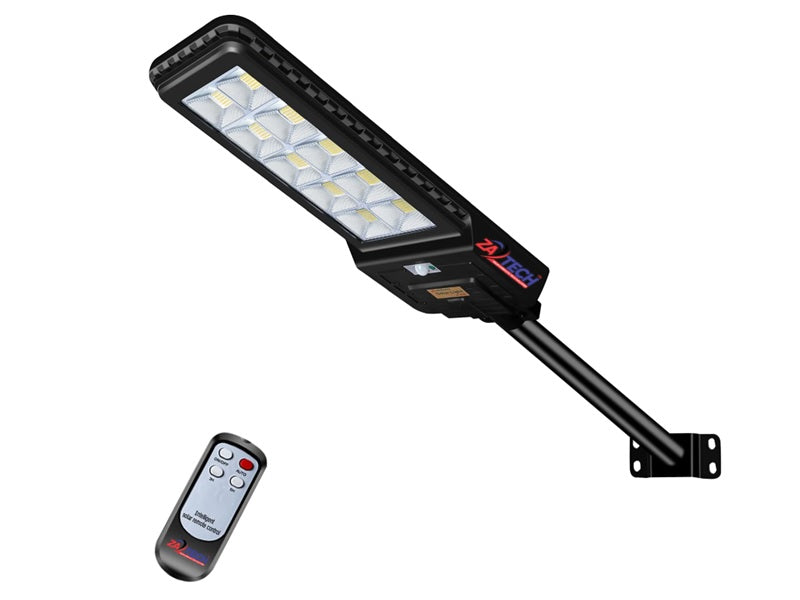 JDJINDIAN JD-9500 solar street light shown with its LED panel, mounting arm and remote control