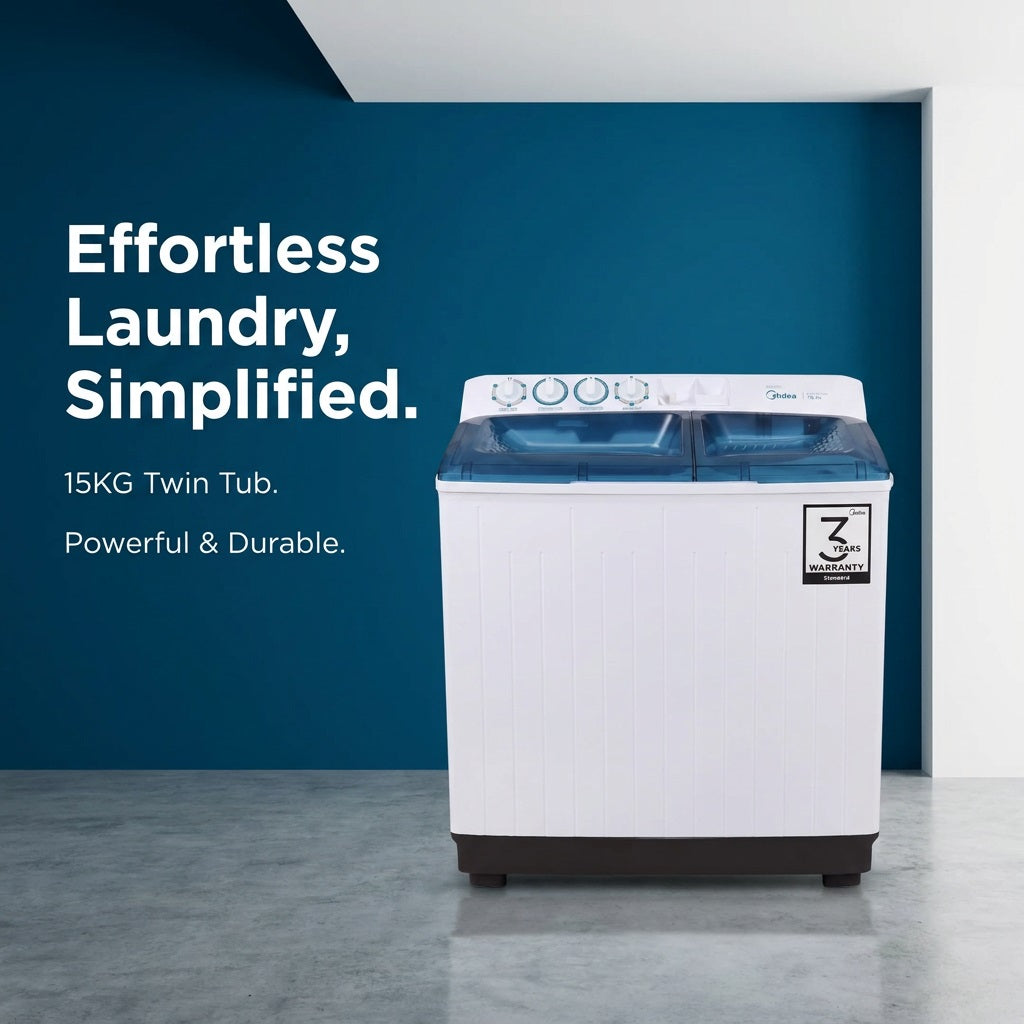 Midea 15kg Semi-Automatic Twin Tub Washing Machine White (KL15TTG1W) - 7kg Spin, Magic Filter