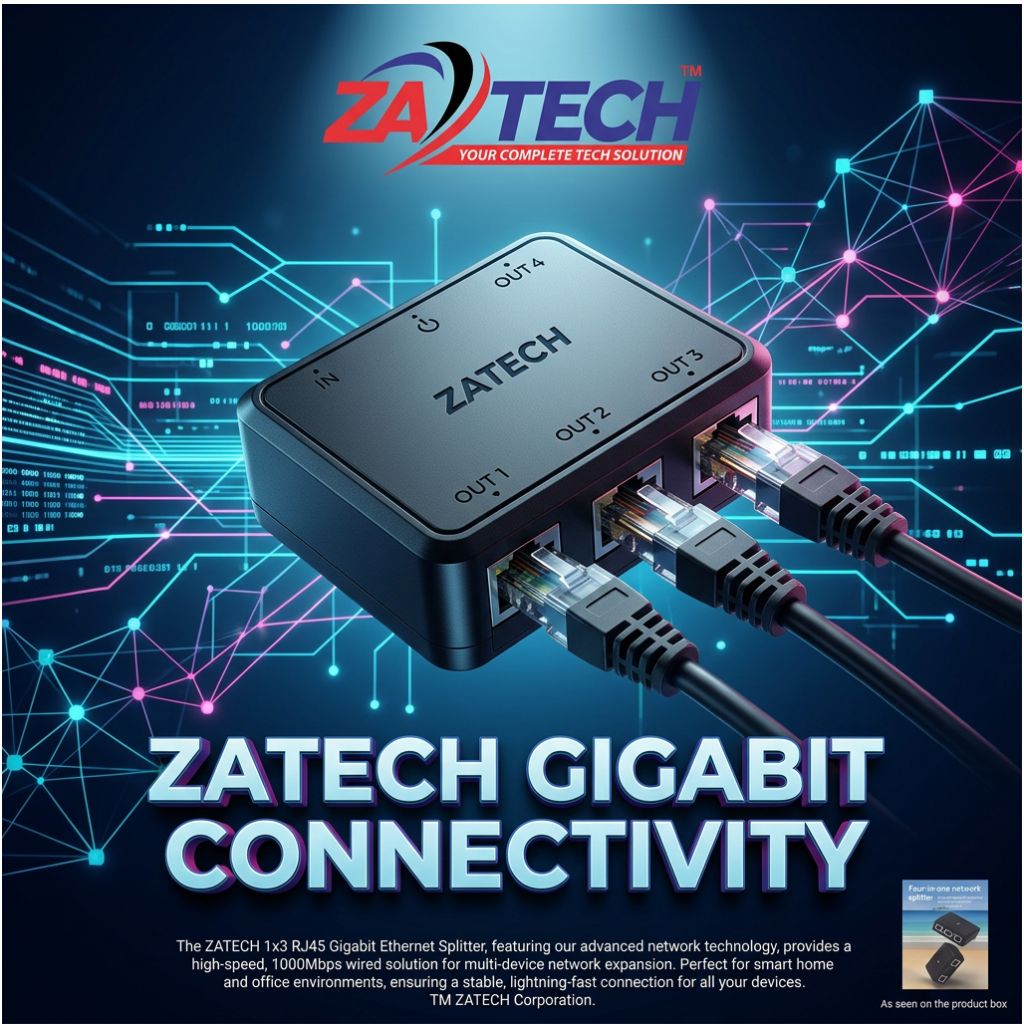 Zatech 1X3 RJ45 Splitter 1GBPS Black