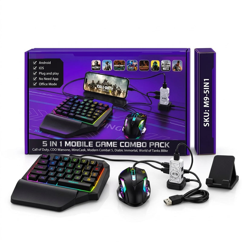 Havit M9 5-in-1 Mobile Gaming Keyboard & Mouse Combo Pack - RGB Set with Stand & Cable