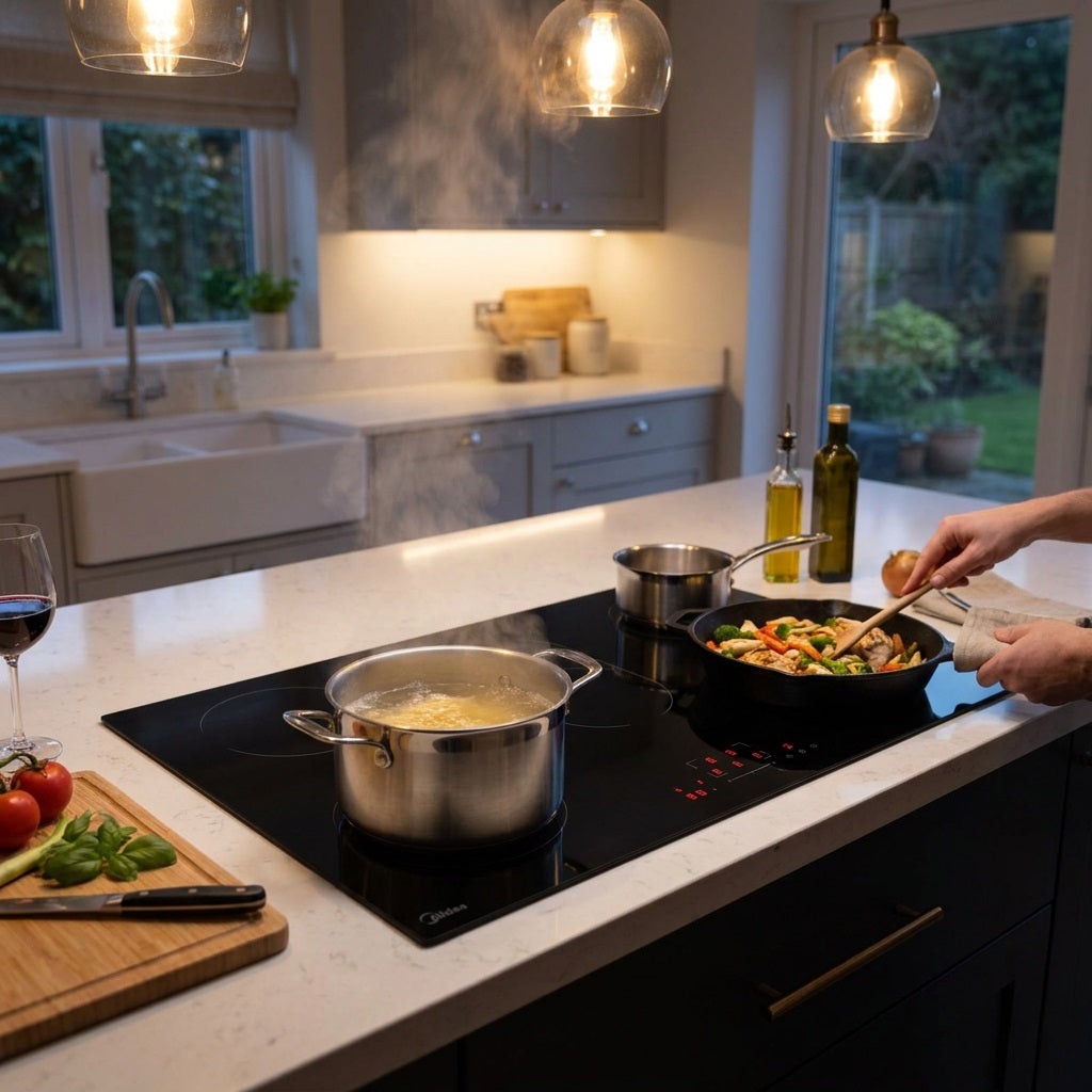 Midea 90cm ceramic hob installed in a kitchen island with pots boiling and a stir-fry pan