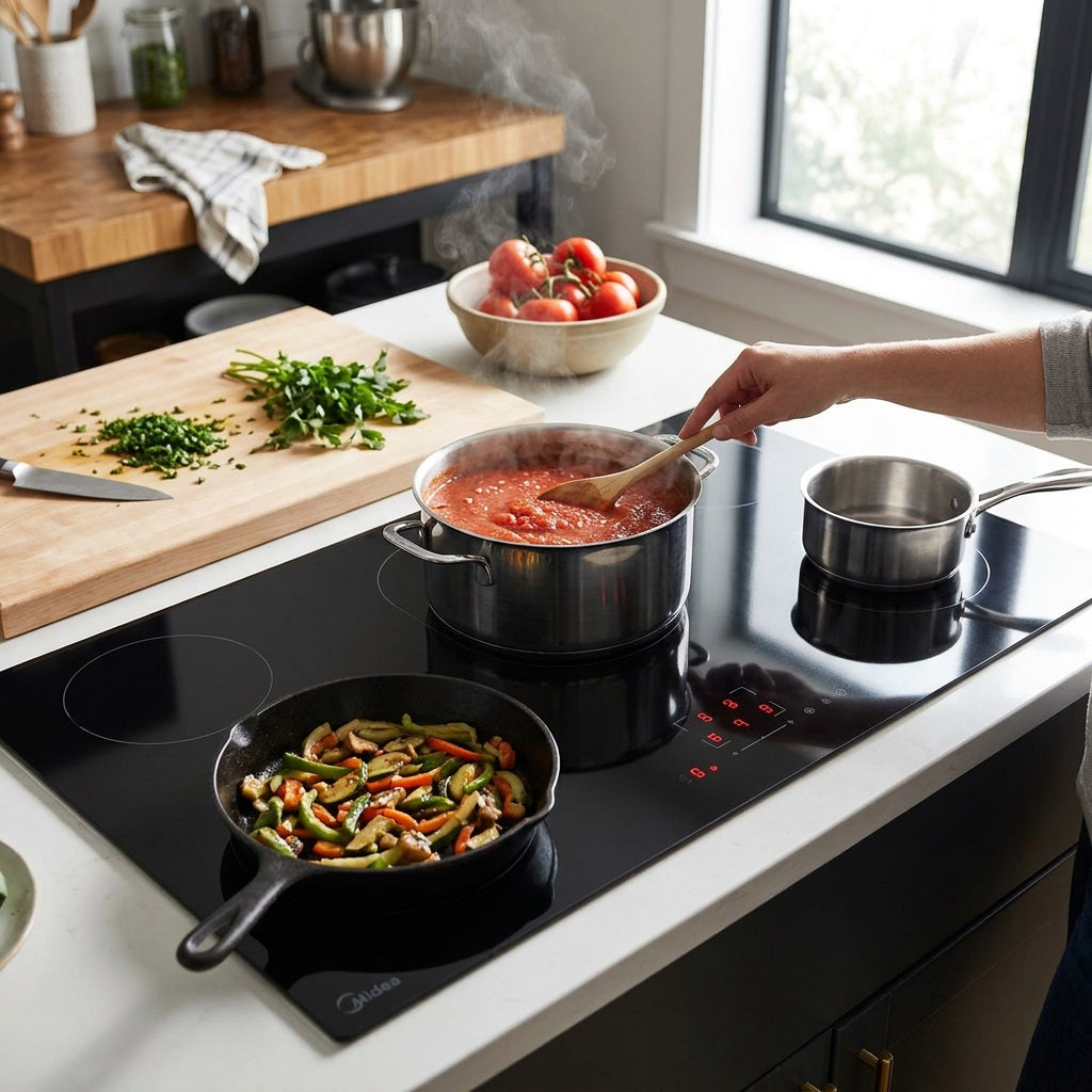 Midea 90cm ceramic hob in use cooking tomato sauce and a chicken stir-fry