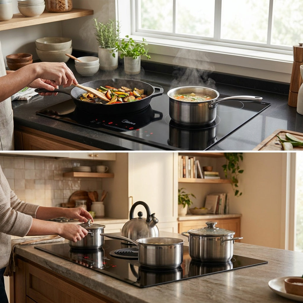 Midea 90cm ceramic hob lifestyle collage showing pans simmering and a kettle alongside pots