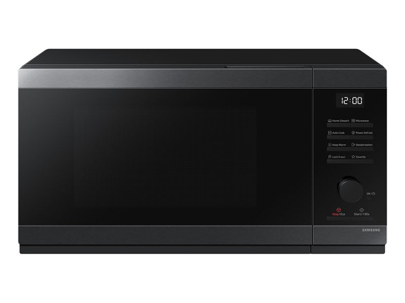 Samsung 32L solo microwave in dark grey, front view with LED display
