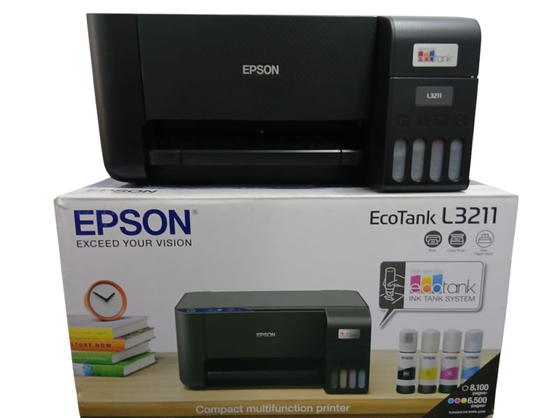 Epson EcoTank L3211 printer displayed on its retail box packaging