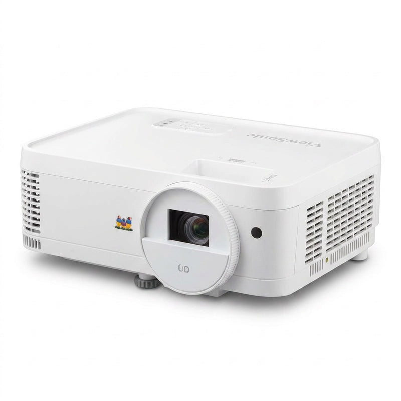 ViewSonic LS500WHE lamp-free LED projector angled front view with lens cap marked 'UD', on white background.