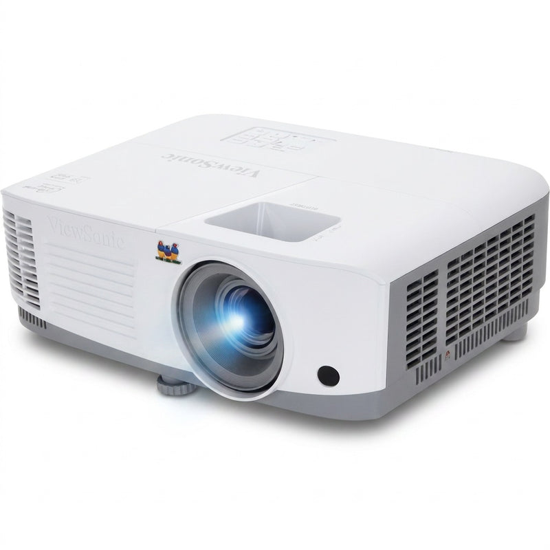 ViewSonic PA503S projector angled front view with lens and vents, ViewSonic branding visible, on white background.