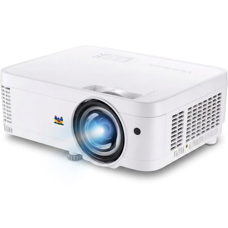 ViewSonic PS501W short-throw projector angled front view with lens and top control panel, on white background.