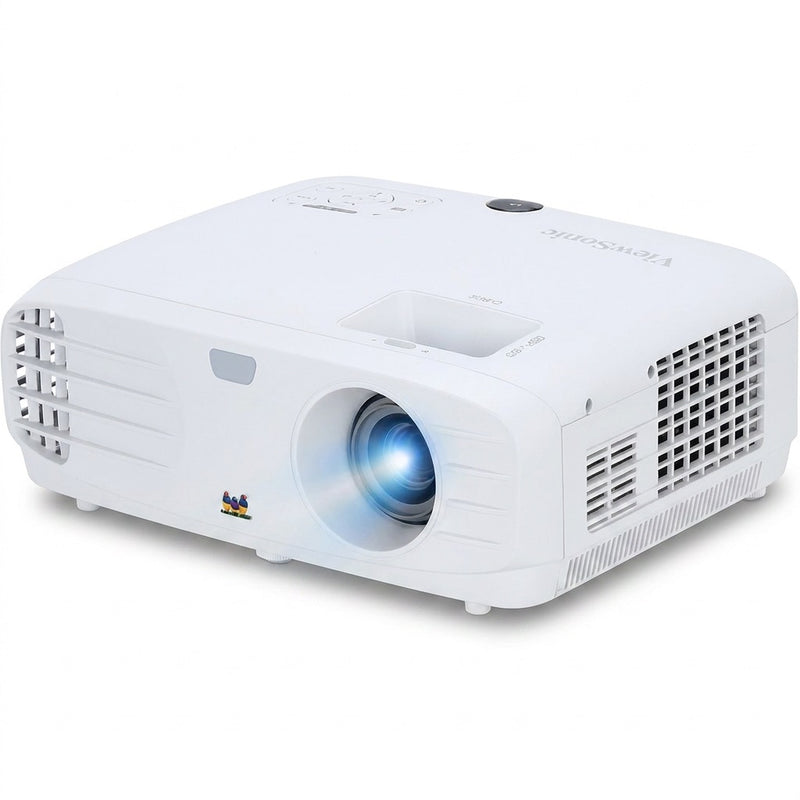 ViewSonic PX700HD projector angled front view showing the lens and side vents, on white background.