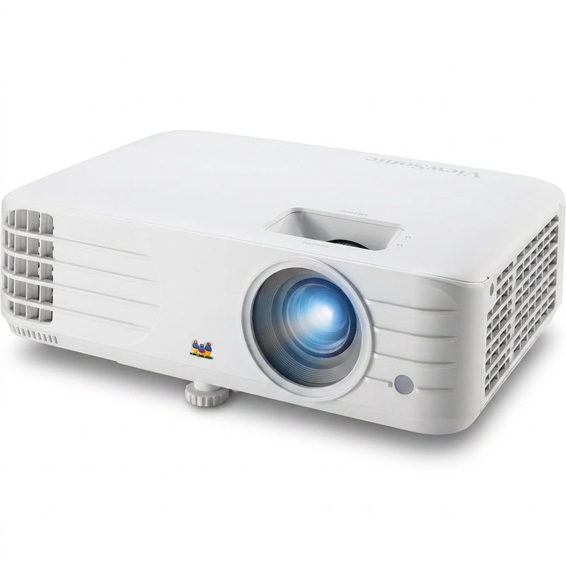 ViewSonic PX701HD projector angled front view showing the lens and side vents, glowing blue focus ring, on white background.