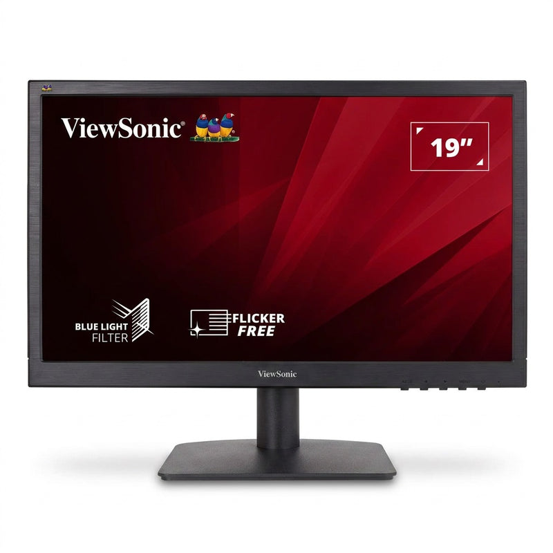 ViewSonic VA1903a 18.5-inch monitor front view with red demo screen showing Blue Light Filter and Flicker-Free branding.