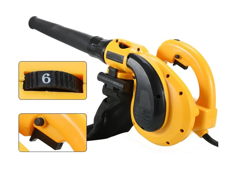 Electric blower vacuum with close-up insets of the variable speed dial and stand
