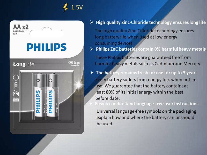 PHILIPS Aa Longlife Battery X 2 Pack