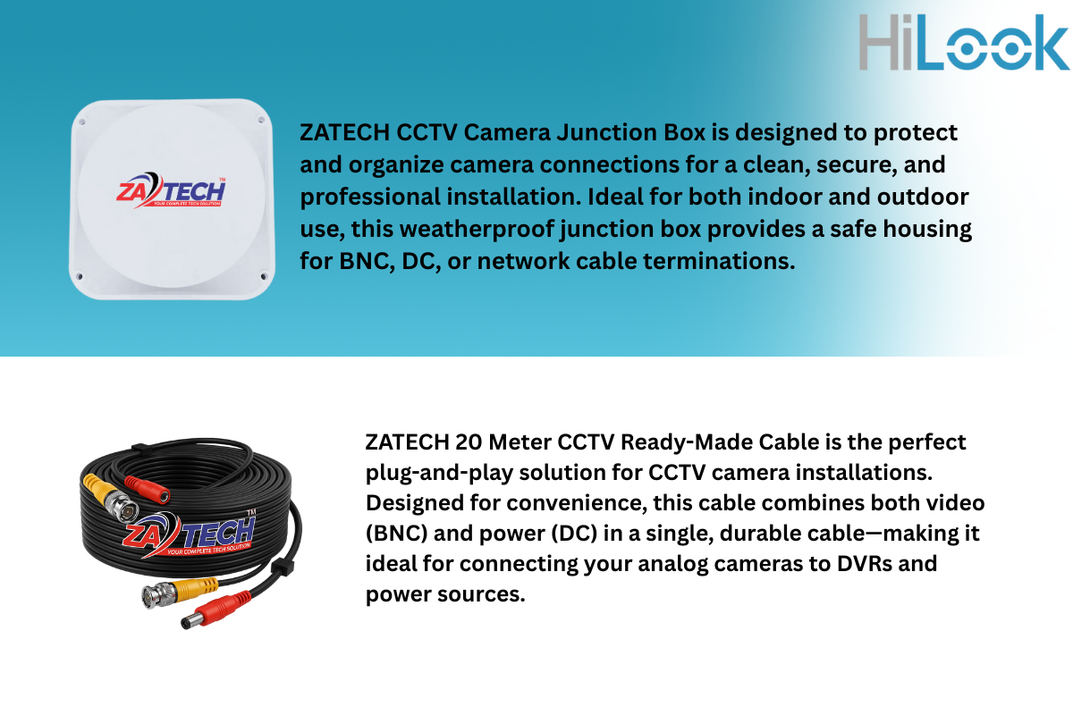 HiLook 4CH Dome CCTV Kit with Zatech Ready-Made Cables, Junction Boxes