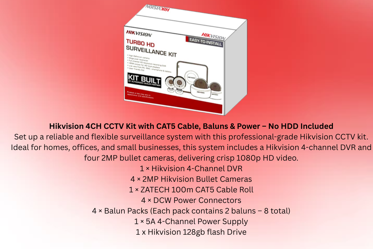 Hikvision 4CH CCTV Kit with 2MP Cameras, 100m CAT5 & Baluns