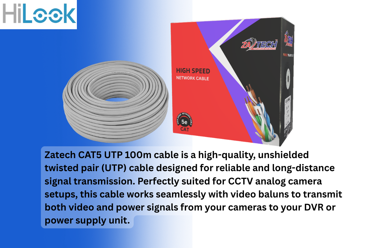 HiLook 8CH Analog CCTV Kit With Zatech 100m Cat5 Cable & Baluns