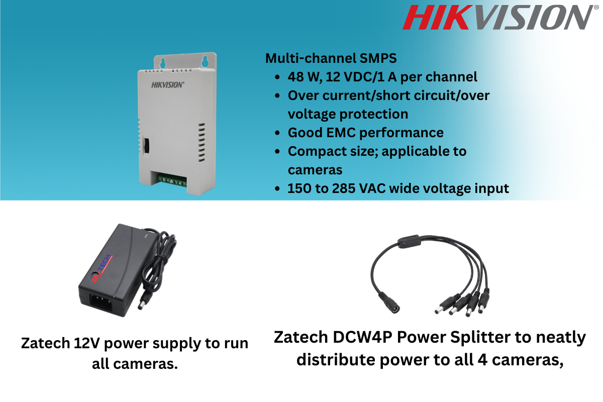 HiLook 4CH Dome CCTV Kit with Zatech Ready-Made Cables, Junction Boxes