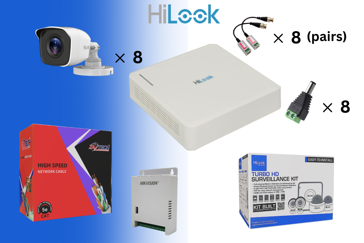 HiLook 8CH Analog CCTV Kit With Zatech 100m Cat5 Cable & Baluns