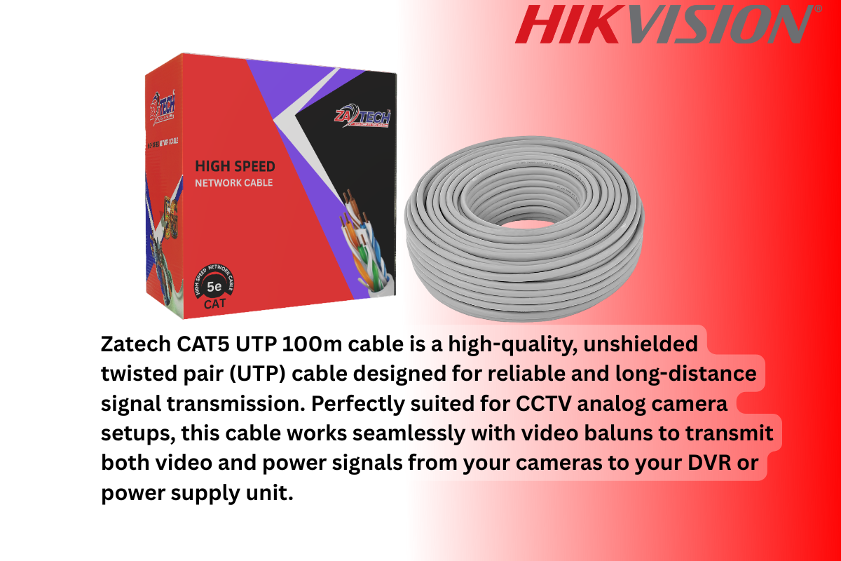 Hikvision 8CH Analog CCTV Kit with Zatech 100m Cat5 Cable & Baluns