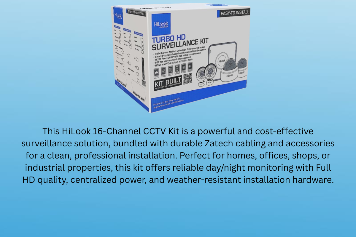 HiLook 16CH DVR Kit with 2MP Cameras, Zatech RG59, PSU & Junction Boxes