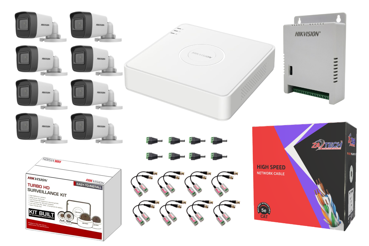 Hikvision 8CH Analog CCTV Kit with Zatech 100m Cat5 Cable & Baluns
