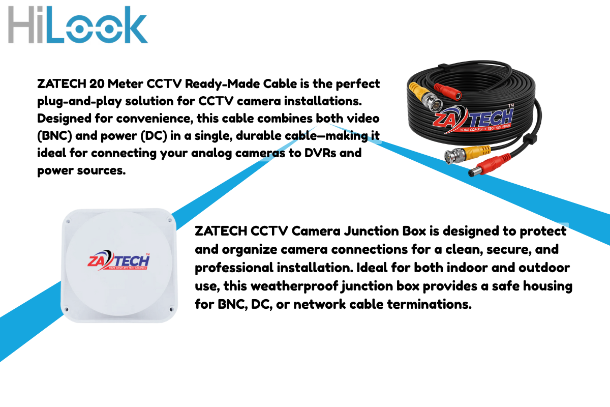 HiLook 4-Ch ColorVu CCTV Kit with Zatech Junction Boxes & ready-made Cables