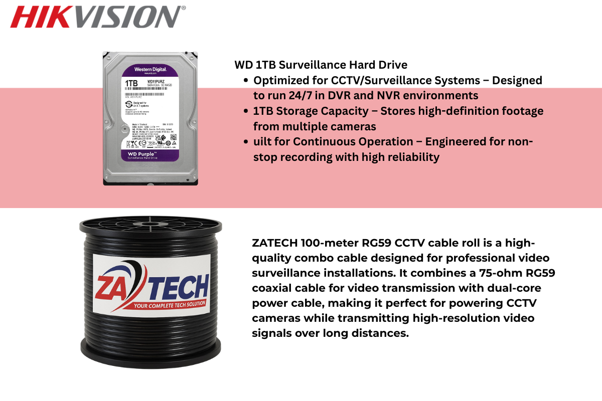 Hikvision 8CH ColorVu CCTV Kit with 1TB HDD and Zatech RG59 Cable roll