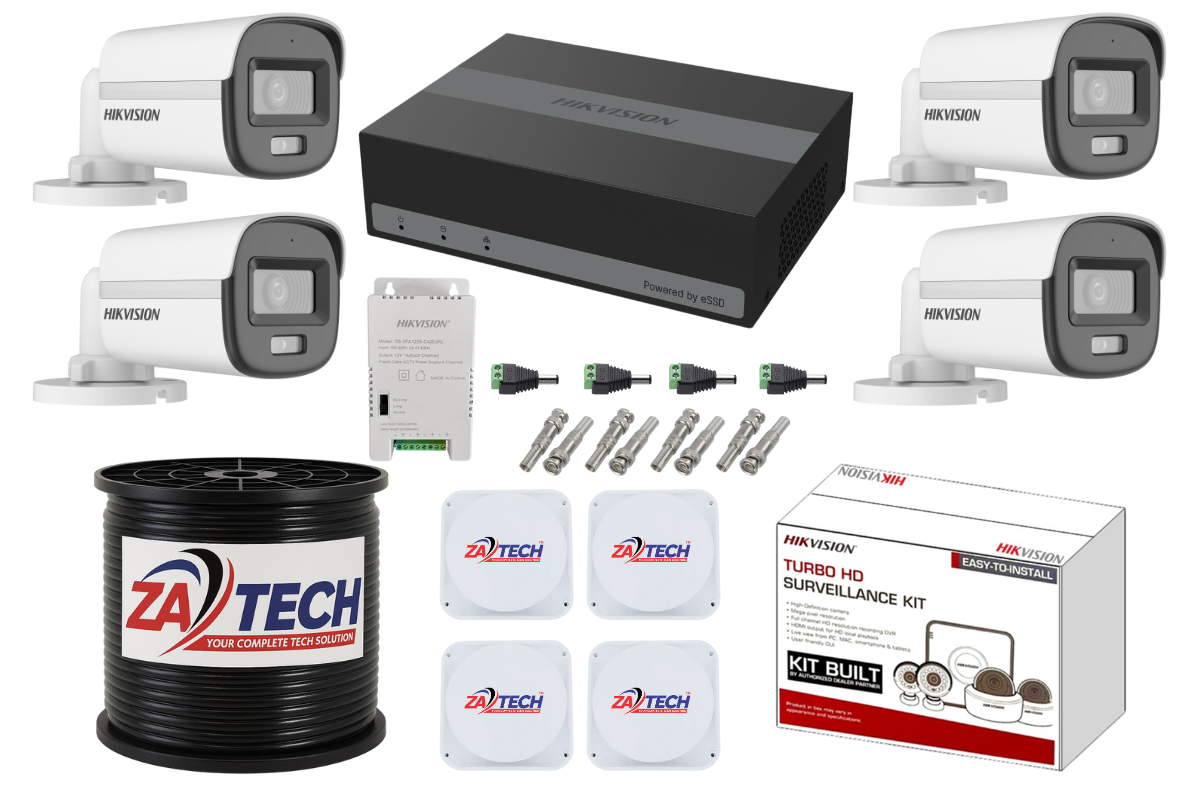 Hikvision 4-Ch ColorVu CCTV Kit with 1TB eSSD DVR, Zatech RG59 Roll and JB