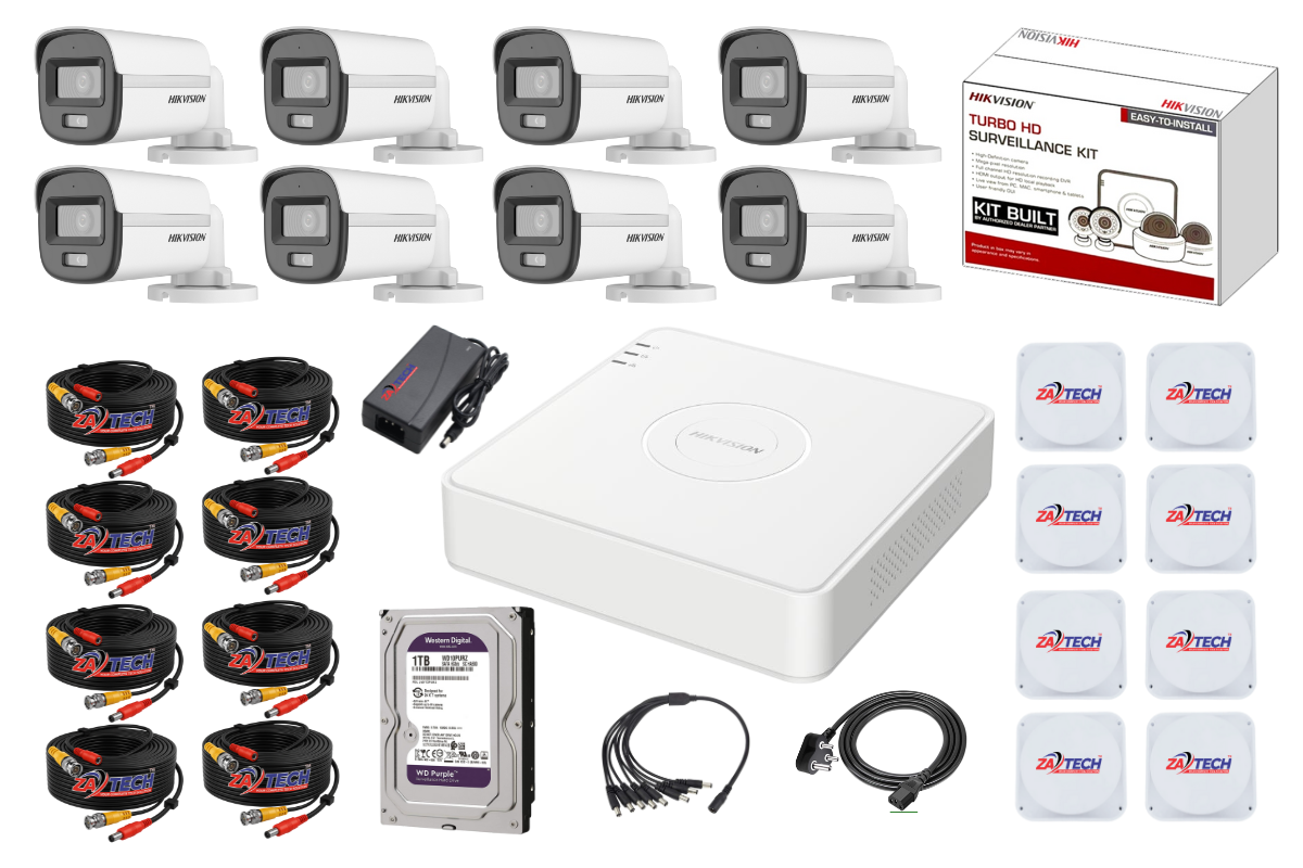 Hikvision 8CH ColorVu CCTV Kit with 1TB HDD, Zatech Ready-Made Cable and JB