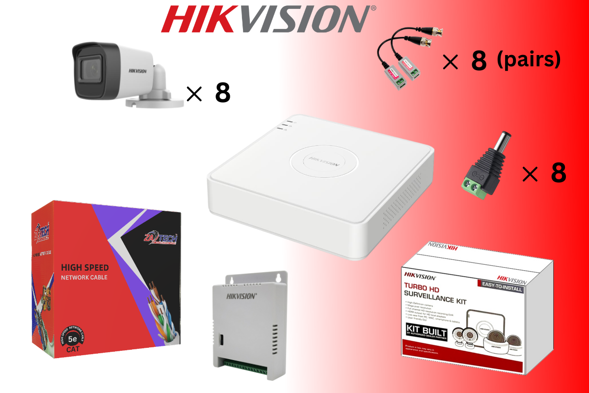 Hikvision 8CH Analog CCTV Kit with Zatech 100m Cat5 Cable & Baluns