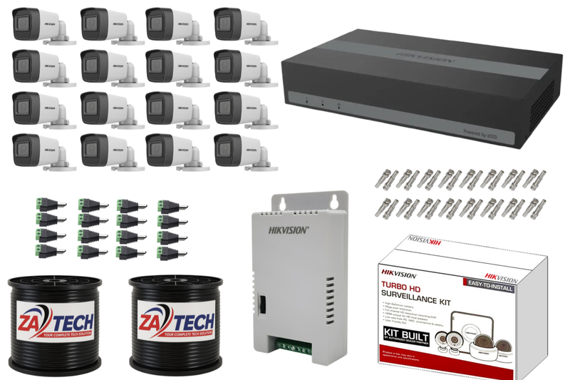 Hikvision 16CH ESSD DVR Kit, 2MP Cameras, ZATECH RG59 Rolls, PSU & Pins