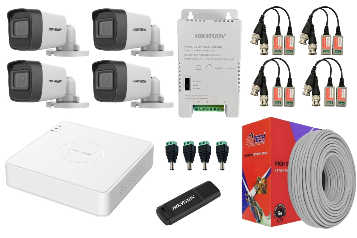 Hikvision 4CH CCTV Kit with 2MP Cameras, 100m CAT5 & Baluns