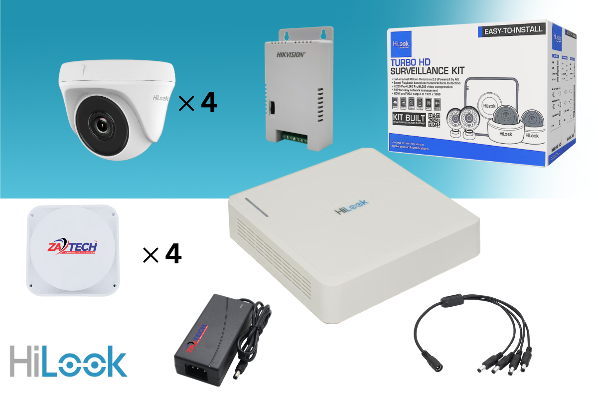 HiLook 4CH Dome CCTV Kit with Zatech Ready-Made Cables, Junction Boxes