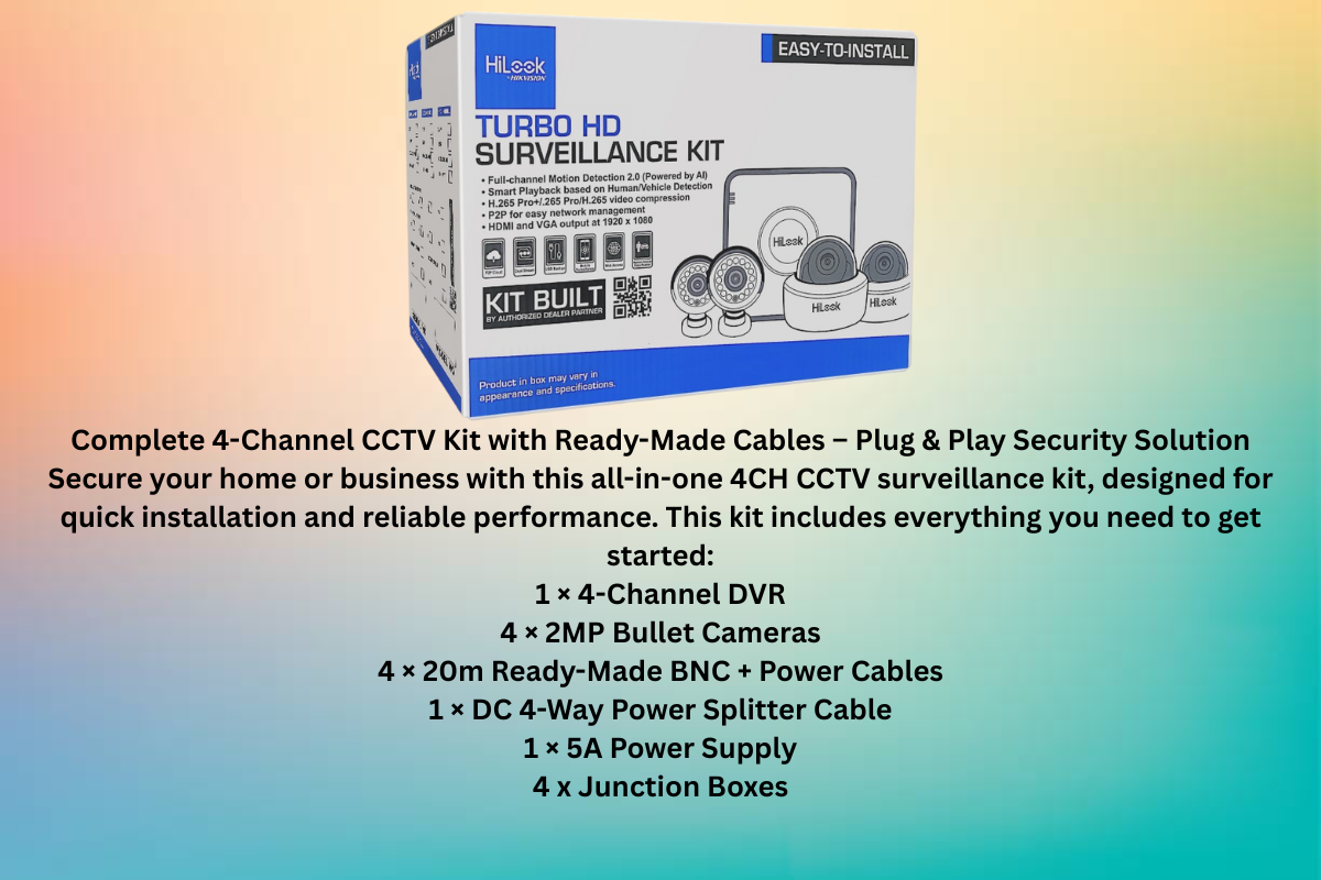 HiLook 4CH CCTV Kit with 2MP Cameras, 20m Cables & Junction Boxes