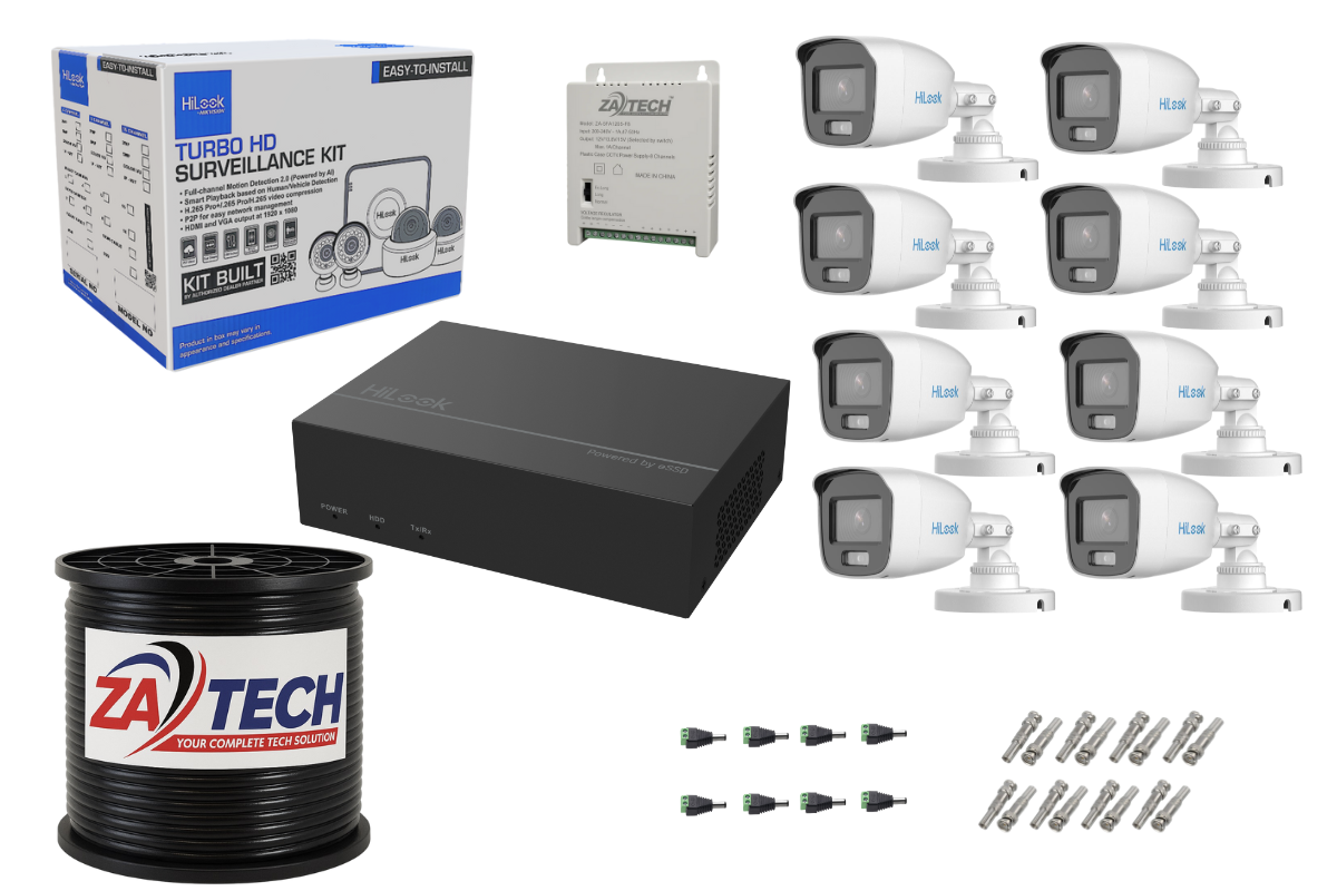 HiLook 8CH 2MP ColorVu eDVR CCTV Kit Built-in 512GB eSSD +Zatech Cable Roll