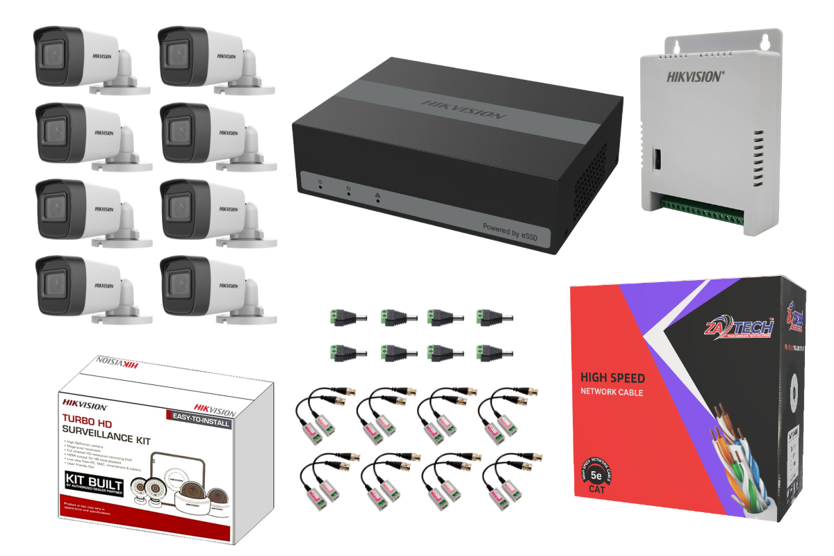 Hikvision 8CH Analog eDVR CCTV Kit with Built-in 1TB SSD, Zatech Cat5 Cable