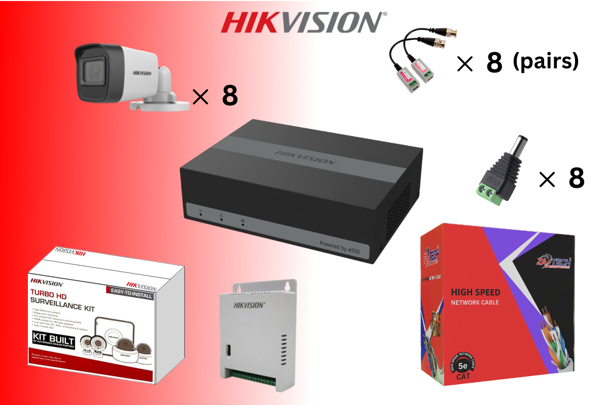 Hikvision 8CH Analog eDVR CCTV Kit with Built-in 1TB SSD, Zatech Cat5 Cable