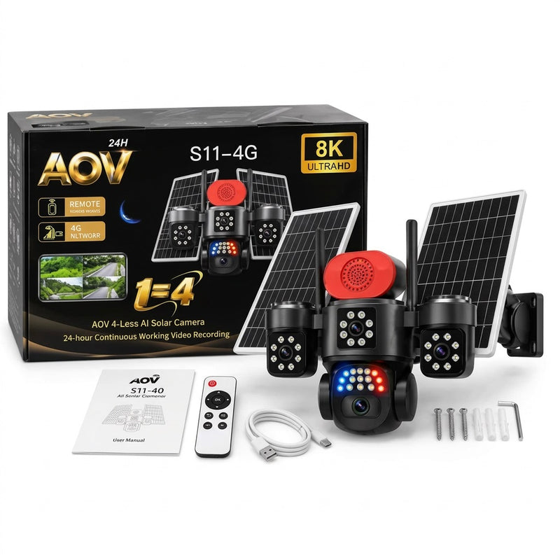 AOV S11-4G 4-Lens AI Solar Security Camera - 4G LTE, Multi-View Outdoor Surveillance