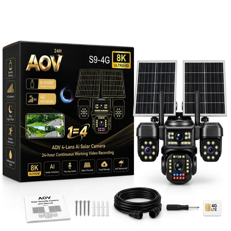 AOV S9-4G 4-Lens AI Solar Security Camera - 4G SIM, 24/7 Recording, Multi-View
