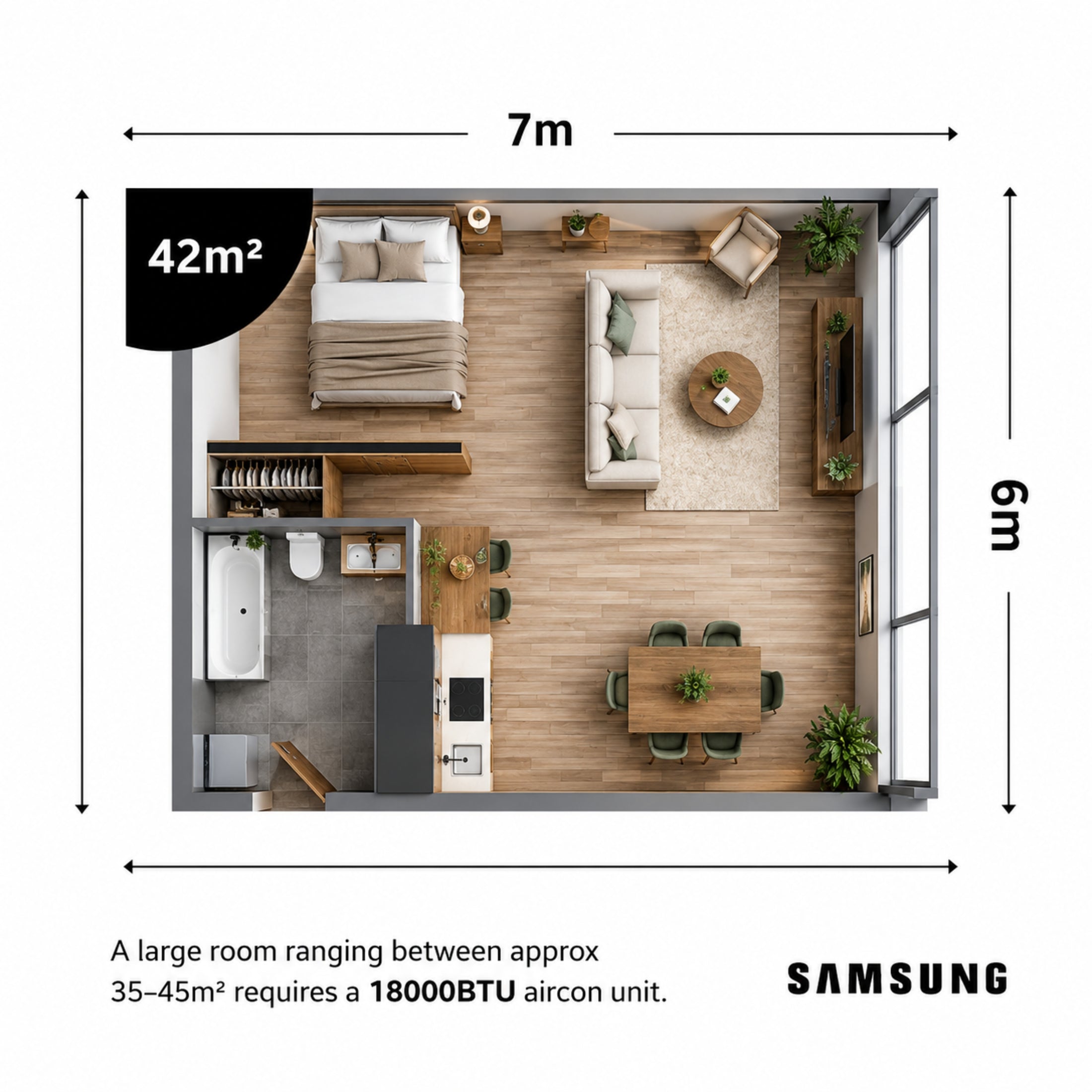Room size guide - a large room requires an 18000 BTU aircon unit