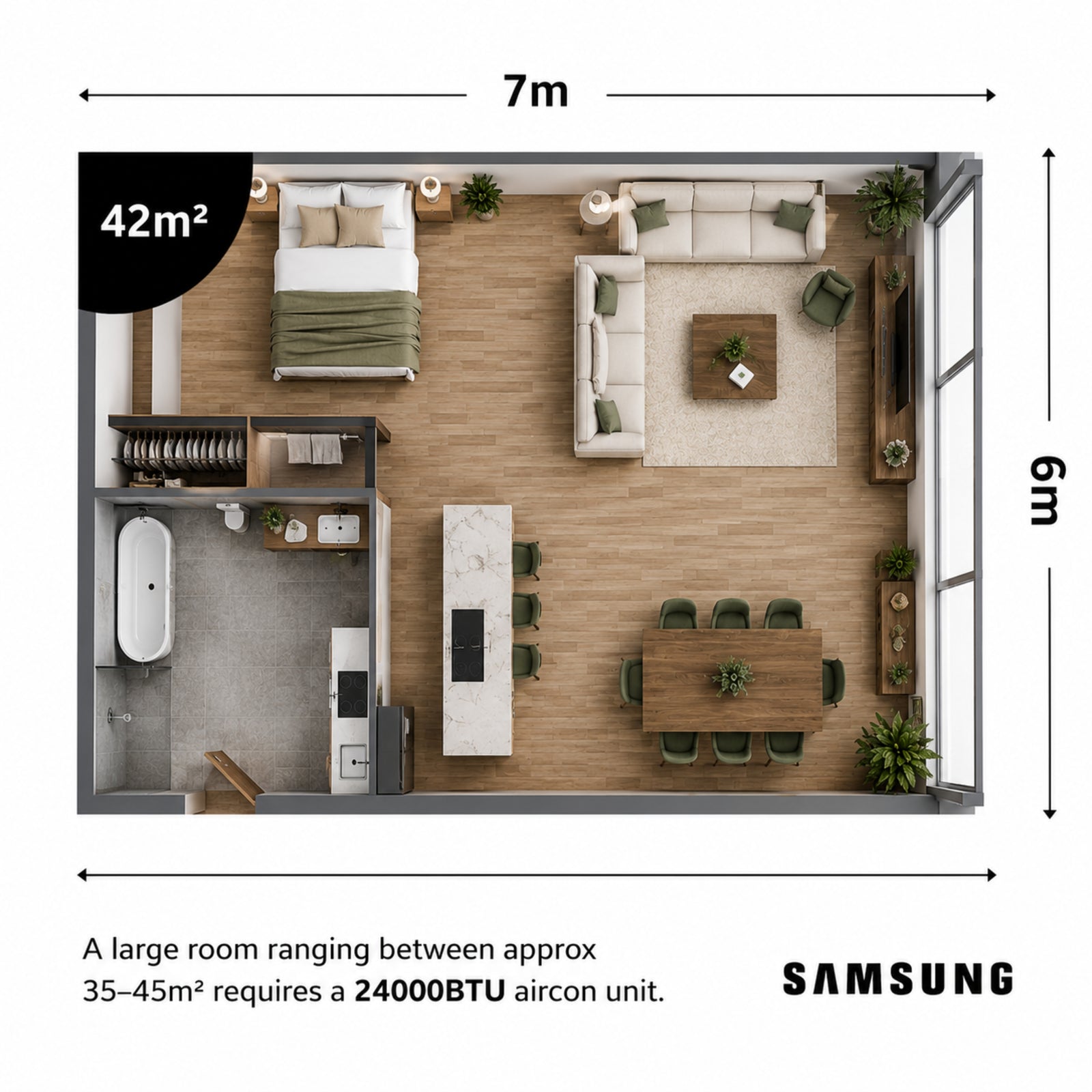 Room size guide - an extra large or open-plan room requires a 24000 BTU aircon unit