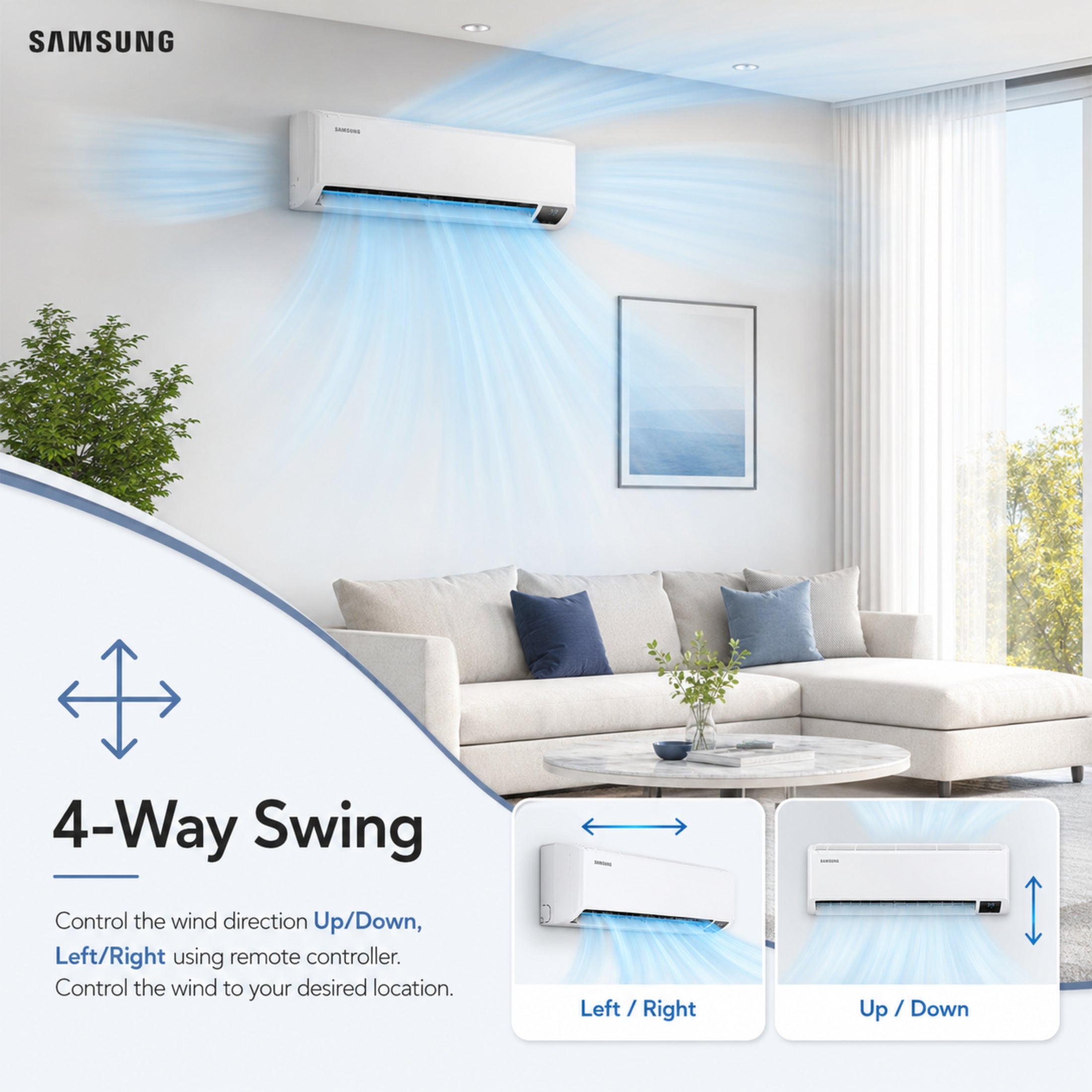 Samsung AR6500 4-way swing controls wind direction up, down, left and right