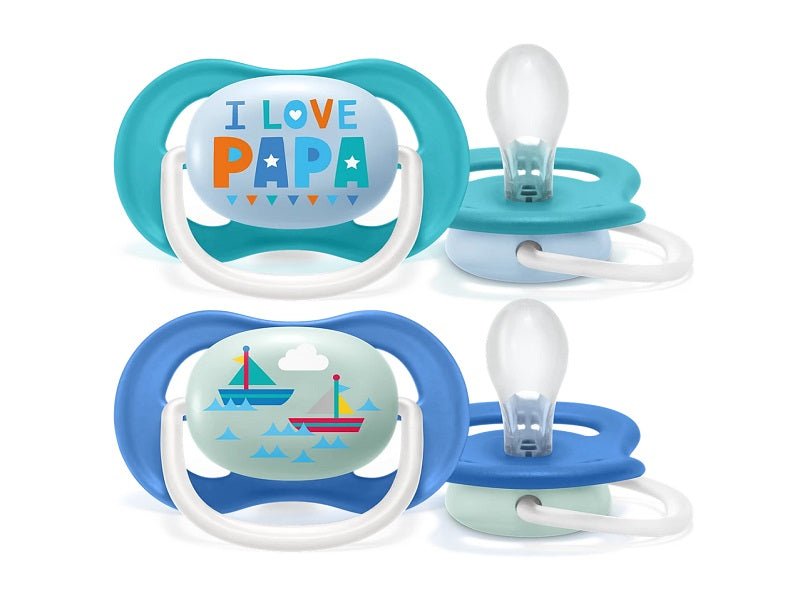 Philips Avent Ultra Air pacifiers 2-pack, 'I love papa' and sailboat designs, front and side